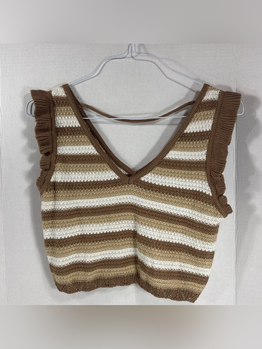 Striped V-Neck Ruffle Sleeve Cropped Knit Top - Brown & Cream